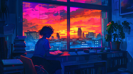 Illustration of pixelated Woman Reading by Window with Vibrant City Sunset anime