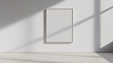 Minimalist white wall with a single picture frame casting a shadow, ready for artwork or graphic placement