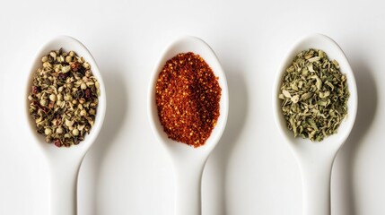 Three spoons filled with different spices on a white background.