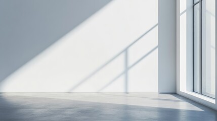 Minimalist white wall with sharp, angular shadows from a window, perfect for modern design concepts