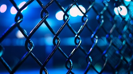 Fototapeta premium Close-up of an MMA cage's chain-link under blue lighting, capturing the intense fight night atmosphere.