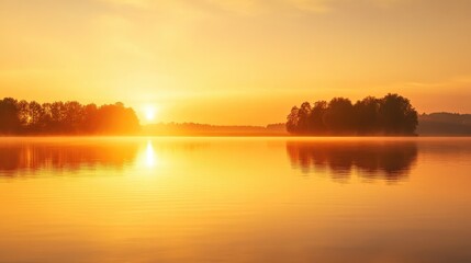 Obraz premium Peaceful golden sky at dawn with a glowing horizon and reflections on a calm lake, creating a serene atmosphere
