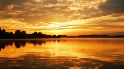 Fototapeta premium Peaceful golden sky at dawn with a glowing horizon and reflections on a calm lake, creating a serene atmosphere