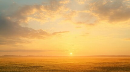 Naklejka premium Peaceful golden sky at dawn with pastel clouds and a serene atmosphere, casting a warm light on a tranquil field