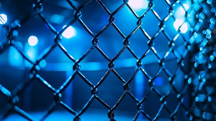 Fototapeta premium Close-up of an MMA cage's chain-link under blue lighting, capturing the intense fight night atmosphere.