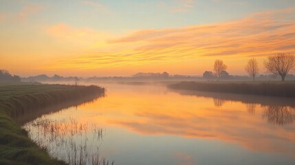 Obraz premium Peaceful golden sky with soft hues of orange and pink at sunrise, reflecting on a calm countryside river