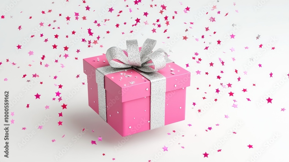 Poster A pink gift box with a silver ribbon surrounded by colorful confetti.