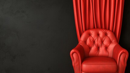 Fototapeta premium Red Leather Armchair with Red Velvet Curtains against Black Wall