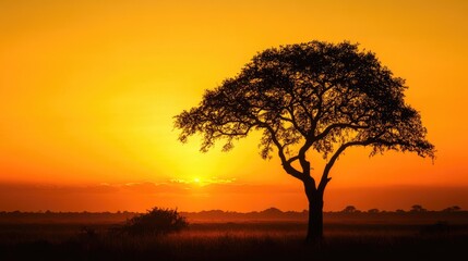 Silhouette of a tree against a radiant golden sky at sunset, with warm hues blending into the horizon