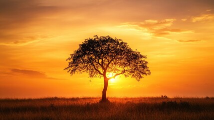 Obraz premium Silhouette of a tree against a radiant golden sky at sunset, with warm hues blending into the horizon