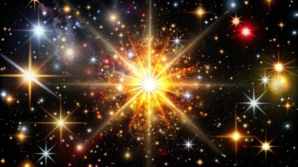 Fototapeta premium A bright, golden explosion of light in the middle of a vast, dark space filled with twinkling stars.