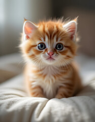 Fluffy kitten with big eyes sitting on a pillow