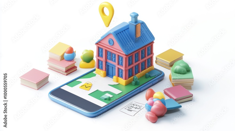 Wall mural A colorful 3D model of a house on a smartphone, surrounded by books and toys, symbolizing education.