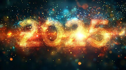 Fototapeta premium Christmas and New Year card. Number 2025 and stack of gift presents on holiday background. Christmas lights bokeh background. Crop square image.generative ai