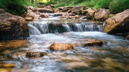 Smooth running water flowing over rocks in a clear mountain stream, creating a peaceful scene -