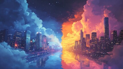 Fototapeta premium A vibrant cityscape divided by contrasting colors of day and night reflected in water.