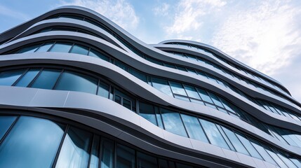 The smooth lines of a modern architectural building, with glass and steel curving beautifully