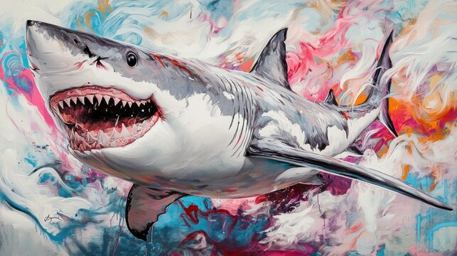 A vibrant depiction of a great white shark swimming through colorful, abstract waves.