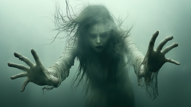 A ghostly figure emerges from the fog, evoking mystery and intrigue with an eerie presence underwater.