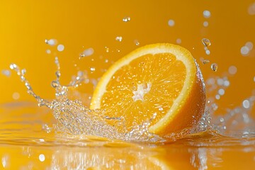 Creative layout made from Fresh Sliced oranges and Orange fruit and water Splashing on a orange background..generative ai