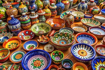 Fototapeta premium Vibrant Puebla Pottery Display Showcasing Traditional Mexican Craftsmanship and Colorful Designs