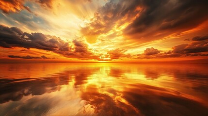 Fototapeta premium Vibrant golden sky with swirling clouds and fiery hues at sunset, reflecting on the ocean's surface