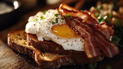 A delicious breakfast featuring a poached egg on toast, topped with crispy bacon.