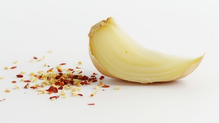 A single clove of garlic with crushed red pepper flakes beside it on a white background.
