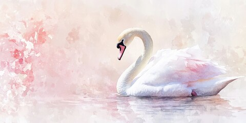 White swan in water with watercolor background. © Ali