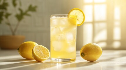 A tall glass of lemonade with ice and a lemon slice, garnished with a whole lemon and lemon wedges on a white countertop, illuminated by sunlight streaming through a window.