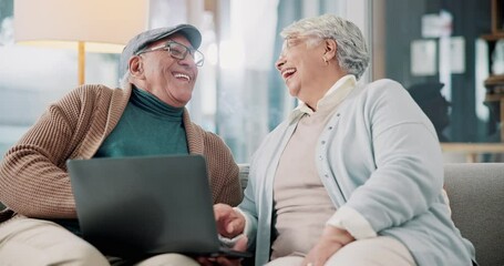 Senior couple, happy and laptop for smile, laughing and communication in living room. Mature man, woman and relaxing on sofa or couch in house, bonding and together in retirement with technology - Powered by Adobe