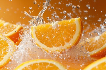 Creative layout made from Fresh Sliced oranges and Orange fruit and water Splashing on a orange background..generative ai