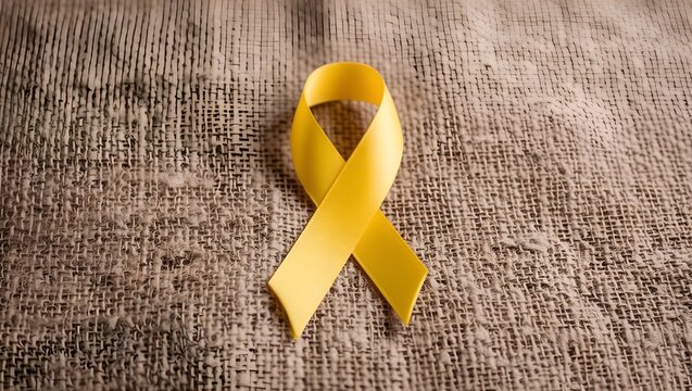 Yellow ribbon on textile background with copy space for endometriosis awareness month or sign for microencephaly and suicide prevention