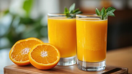 Two glasses of fresh orange juice with orange slices on a wooden board.