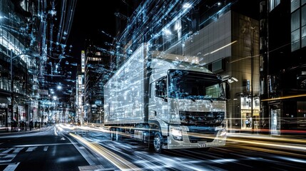 Obraz premium A truck moves through a futuristic cityscape at night, illuminated by vibrant lights.