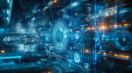 A complex digital interface with a lock icon represents cybersecurity in a high-tech, futuristic environment. The glowing holographic display conveys themes of digital security, data protection, and