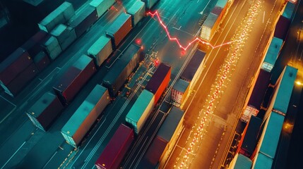 Fototapeta premium Aerial view of shipping containers and a glowing line representing movement or data.