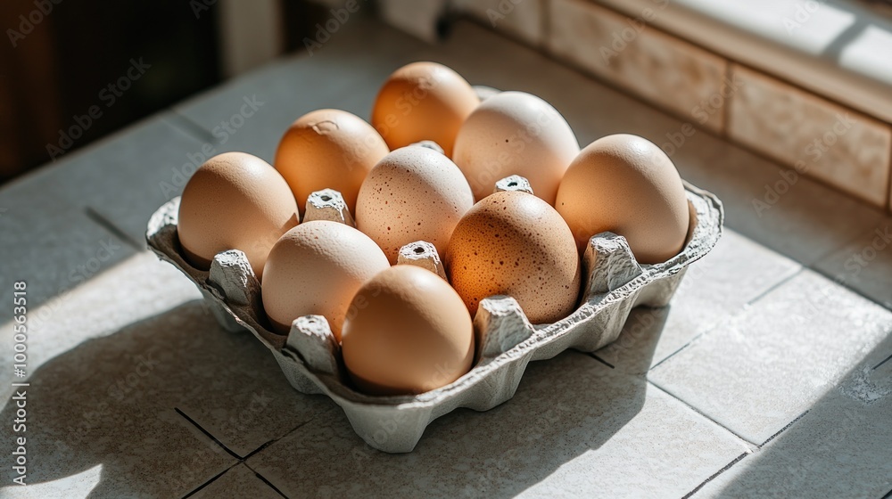 Sticker A carton of ten brown eggs resting on a countertop with natural light illuminating them.