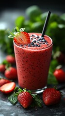 Close-up of a delicious strawberry and blueberry smoothie in a glass with fresh fruit and mint leaves.