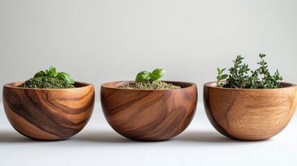 Fototapeta premium Three wooden bowls containing different herbs and spices, showcasing natural ingredients.