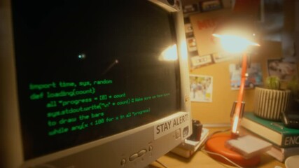Dolly in shot of unrecognizable developer typing programming code into old retro computer in evening, nostalgic 90s