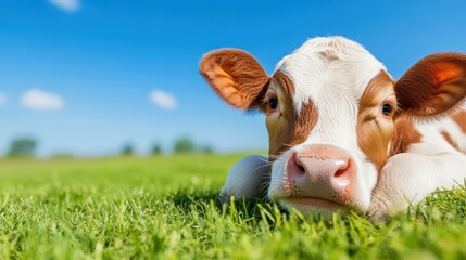 A serene calf rests on lush green grass, basking in the sun under a clear blue sky in a peaceful rural setting.
