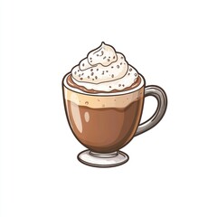 A cartoon illustration of a cup of coffee with whipped cream and cocoa powder on top.