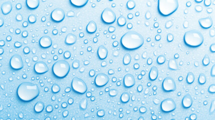 Captivating closeup of water droplets on a soft blue canvas, evoking freshness and tranquility in natures details.