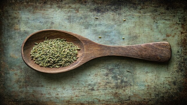 A wooden spoon filled with cumin seeds on a textured background.