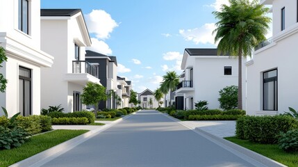 Modern Suburb Street with Houses  Palm Trees  and Lush Greenery