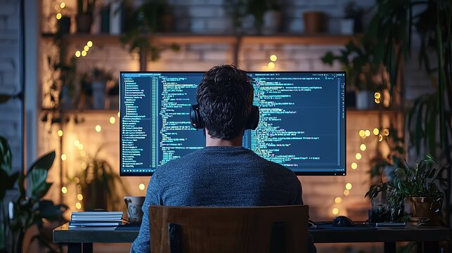 A focused programmer coding on a computer at night, surrounded by ambient lighting and greenery, showcasing a modern workspace.