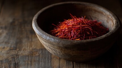 Fototapeta premium A wooden bowl filled with vibrant saffron threads, showcasing its rich color and texture.