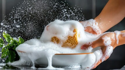 Hands washing a sponge in soapy water, bubbles and mint leaves visible, close-up view.