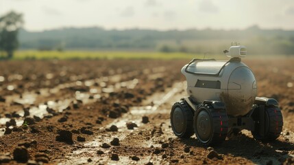 An autonomous agricultural robot traverses a muddy field under a clear sky. Its wheels are designed for rough terrain, symbolizing the future of farming and robotics in agriculture.